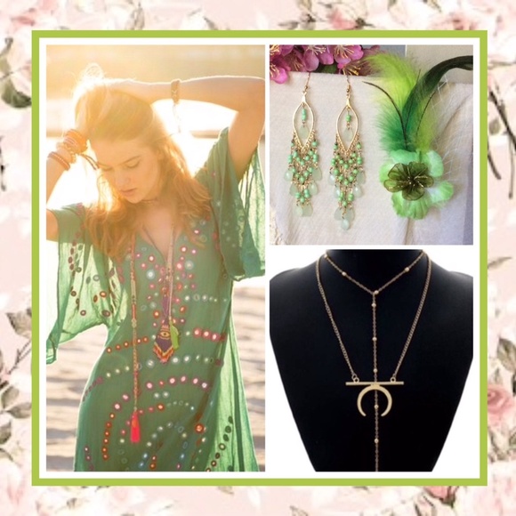 🌺 3PC MOON NECKLACE DANGLE EARRINGS HAIR FLOWER FEATHER BOHO SET BUNDLE GREEN - Picture 4 of 9